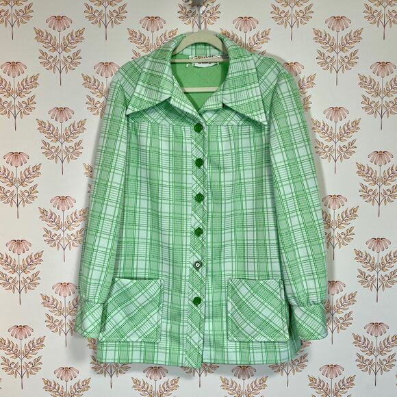 Vintage 70’s Double Knit Green and White Plaid Chore Shirt Jacket Polyester, EUC - Picture 2 of 9